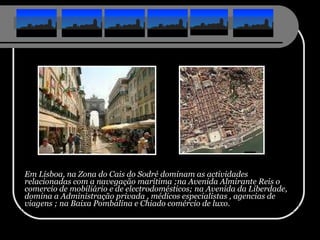 Em Lisboa, na Zona do Cais do Sodré dominam as actividades relacionadas com a navegação marítima ;na Avenida Almirante Reis o comercio de mobiliário e de electrodomésticos; na Avenida da Liberdade, domina a Administração privada , médicos especialistas , agencias de viagens ; na Baixa Pombalina e Chiado comércio de luxo. 