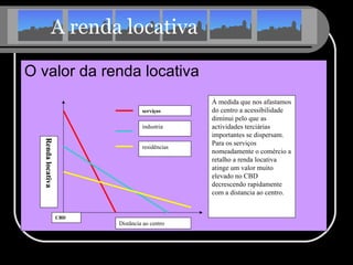 A renda locativa O valor da renda locativa CBD Distância ao centro Renda locativa serviços industria residências À medida que nos afastamos do centro a acessibilidade diminui pelo que as actividades terciárias importantes se dispersam. Para os serviços nomeadamente o comércio a retalho a renda locativa atinge um valor muito elevado no CBD decrescendo rapidamente com a distancia ao centro. 