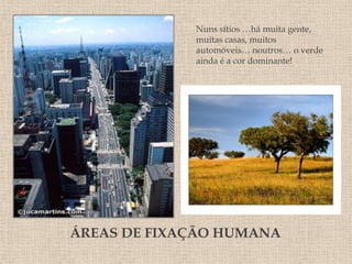 Nuns sítios …há muita gente,
             muitas casas, muitos
             automóveis… noutros… o verde
             ainda é a cor dominante!




ÁREAS DE FIXAÇÃO HUMANA
 