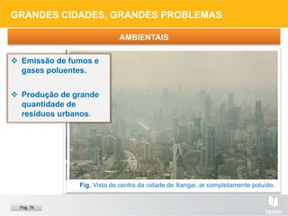 Fig. Resíduos urbanos, numa rua de Nova Iorque.
GRANDES CIDADES, GRANDES PROBLEMAS
AMBIENTAIS
Fig. Vista do centro da cidade de Xangai, ar completamente poluído.
 Emissão de fumos e
gases poluentes.
 Produção de grande
quantidade de
resíduos urbanos.
Pág. 76
 