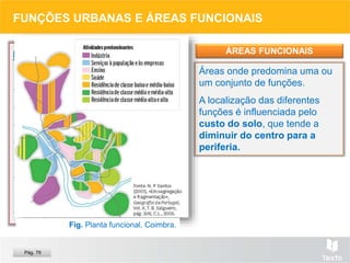 Funções urbanas
 Função comercial.
 Função defensiva.
 Função industrial.
 Função cultural.
 Função religiosa.
 Função político-
administrativa.
 Função residencial.
FUNÇÕES URBANAS E ÁREAS FUNCIONAIS
Áreas onde predomina uma ou
um conjunto de funções.
A localização das diferentes
funções é influenciada pelo
custo do solo, que tende a
diminuir do centro para a
periferia.
ÁREAS FUNCIONAIS
Pág. 79
Fig. Planta funcional, Coimbra.
 