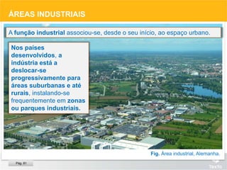Fig. Área industrial, Alemanha.
ÁREAS INDUSTRIAIS
Nos países
desenvolvidos, a
indústria está a
deslocar-se
progressivamente para
áreas suburbanas e até
rurais, instalando-se
frequentemente em zonas
ou parques industriais.
A função industrial associou-se, desde o seu início, ao espaço urbano.
Pág. 81
Fig. Área industrial, Alemanha.
 