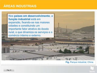 Fig. Parque industrial, China.
ÁREAS INDUSTRIAIS
Nos países em desenvolvimento, a
função industrial está em
expansão, fixando-se nas maiores
cidades e constituindo um
importante fator atrativo do êxodo
rural, o que dinamiza os serviços e o
comércio interno e externo.
Pág. 81
 