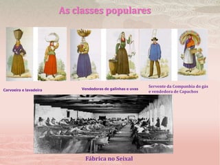 As classes popularesServente da Companhia do gás e vendedora de Capachos  Vendedoras de galinhas e uvasCarvoeira e lavadeiraFábrica no Seixal 