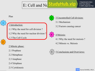 E: Cell and Nuclear Division
Plan
1 Introduction:
1.1 Why the need for cell division ?
1.2 Why the need for nuclear division ?
1.3 The Cell Cycle
2 Mitotic phase:
2.1 Prophase
2.2 Metaphase
2.3 Anaphase
2.4 Telophase
2.5 Cytokinesis
2
1
3
4
5
3 Uncontrolled Cell division:
3.1 Mechanism
3.2 Factors causing cancer
4 Meiosis:
4.1 Why the need for meiosis ?
4.2 Mitosis vs. Meiosis
5 Conclusions and Overviews:
Xavier DANIEL, Ph.D.
AS
 