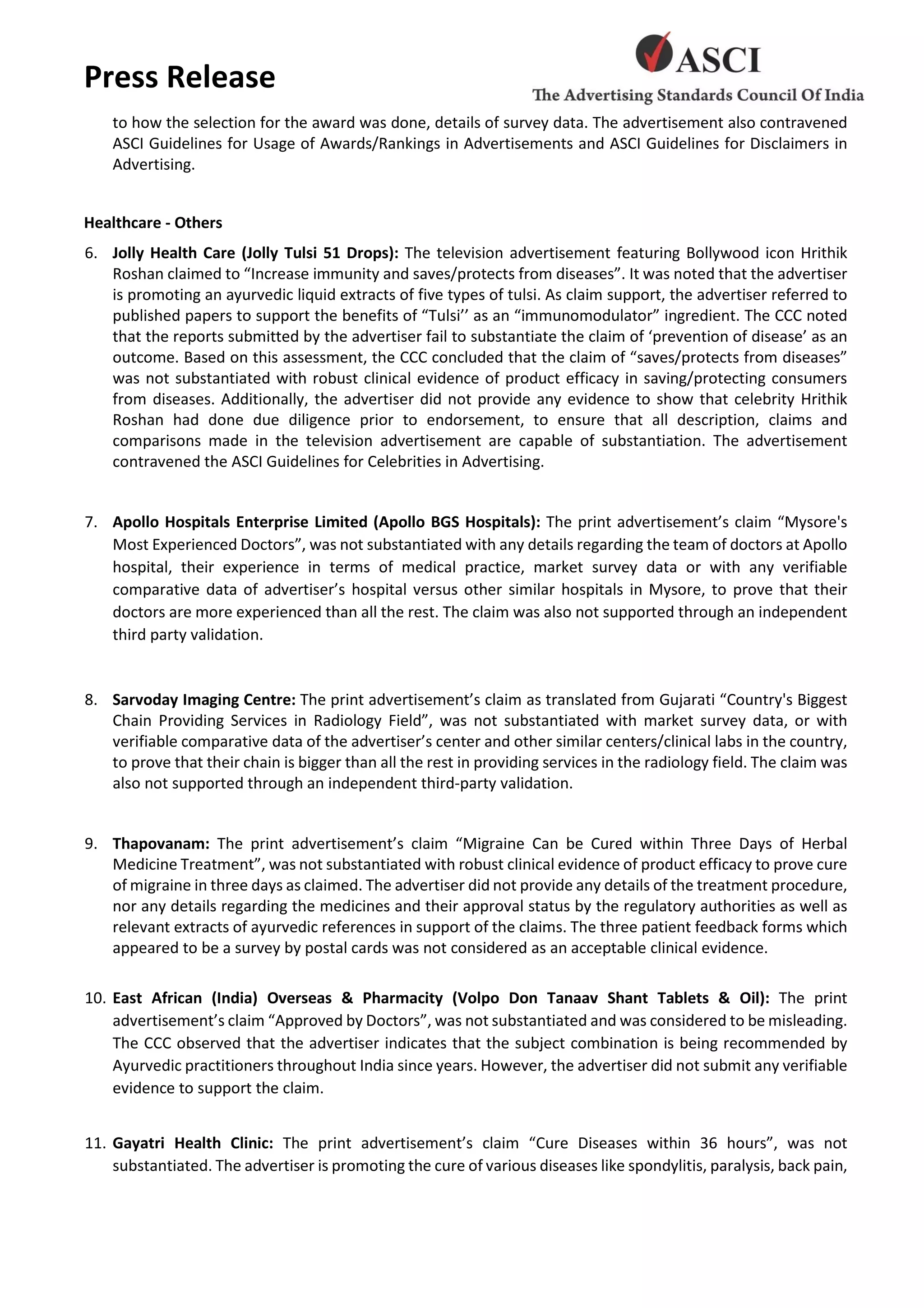 Press Release
to how the selection for the award was done, details of survey data. The advertisement also contravened
ASCI Guidelines for Usage of Awards/Rankings in Advertisements and ASCI Guidelines for Disclaimers in
Advertising.
Healthcare - Others
6. Jolly Health Care (Jolly Tulsi 51 Drops): The television advertisement featuring Bollywood icon Hrithik
Roshan claimed to “Increase immunity and saves/protects from diseases”. It was noted that the advertiser
is promoting an ayurvedic liquid extracts of five types of tulsi. As claim support, the advertiser referred to
published papers to support the benefits of “Tulsi’’ as an “immunomodulator” ingredient. The CCC noted
that the reports submitted by the advertiser fail to substantiate the claim of ‘prevention of disease’ as an
outcome. Based on this assessment, the CCC concluded that the claim of “saves/protects from diseases”
was not substantiated with robust clinical evidence of product efficacy in saving/protecting consumers
from diseases. Additionally, the advertiser did not provide any evidence to show that celebrity Hrithik
Roshan had done due diligence prior to endorsement, to ensure that all description, claims and
comparisons made in the television advertisement are capable of substantiation. The advertisement
contravened the ASCI Guidelines for Celebrities in Advertising.
7. Apollo Hospitals Enterprise Limited (Apollo BGS Hospitals): The print advertisement’s claim “Mysore's
Most Experienced Doctors”, was not substantiated with any details regarding the team of doctors at Apollo
hospital, their experience in terms of medical practice, market survey data or with any verifiable
comparative data of advertiser’s hospital versus other similar hospitals in Mysore, to prove that their
doctors are more experienced than all the rest. The claim was also not supported through an independent
third party validation.
8. Sarvoday Imaging Centre: The print advertisement’s claim as translated from Gujarati “Country's Biggest
Chain Providing Services in Radiology Field”, was not substantiated with market survey data, or with
verifiable comparative data of the advertiser’s center and other similar centers/clinical labs in the country,
to prove that their chain is bigger than all the rest in providing services in the radiology field. The claim was
also not supported through an independent third-party validation.
9. Thapovanam: The print advertisement’s claim “Migraine Can be Cured within Three Days of Herbal
Medicine Treatment”, was not substantiated with robust clinical evidence of product efficacy to prove cure
of migraine in three days as claimed. The advertiser did not provide any details of the treatment procedure,
nor any details regarding the medicines and their approval status by the regulatory authorities as well as
relevant extracts of ayurvedic references in support of the claims. The three patient feedback forms which
appeared to be a survey by postal cards was not considered as an acceptable clinical evidence.
10. East African (India) Overseas & Pharmacity (Volpo Don Tanaav Shant Tablets & Oil): The print
advertisement’s claim “Approved by Doctors”, was not substantiated and was considered to be misleading.
The CCC observed that the advertiser indicates that the subject combination is being recommended by
Ayurvedic practitioners throughout India since years. However, the advertiser did not submit any verifiable
evidence to support the claim.
11. Gayatri Health Clinic: The print advertisement’s claim “Cure Diseases within 36 hours”, was not
substantiated. The advertiser is promoting the cure of various diseases like spondylitis, paralysis, back pain,
 