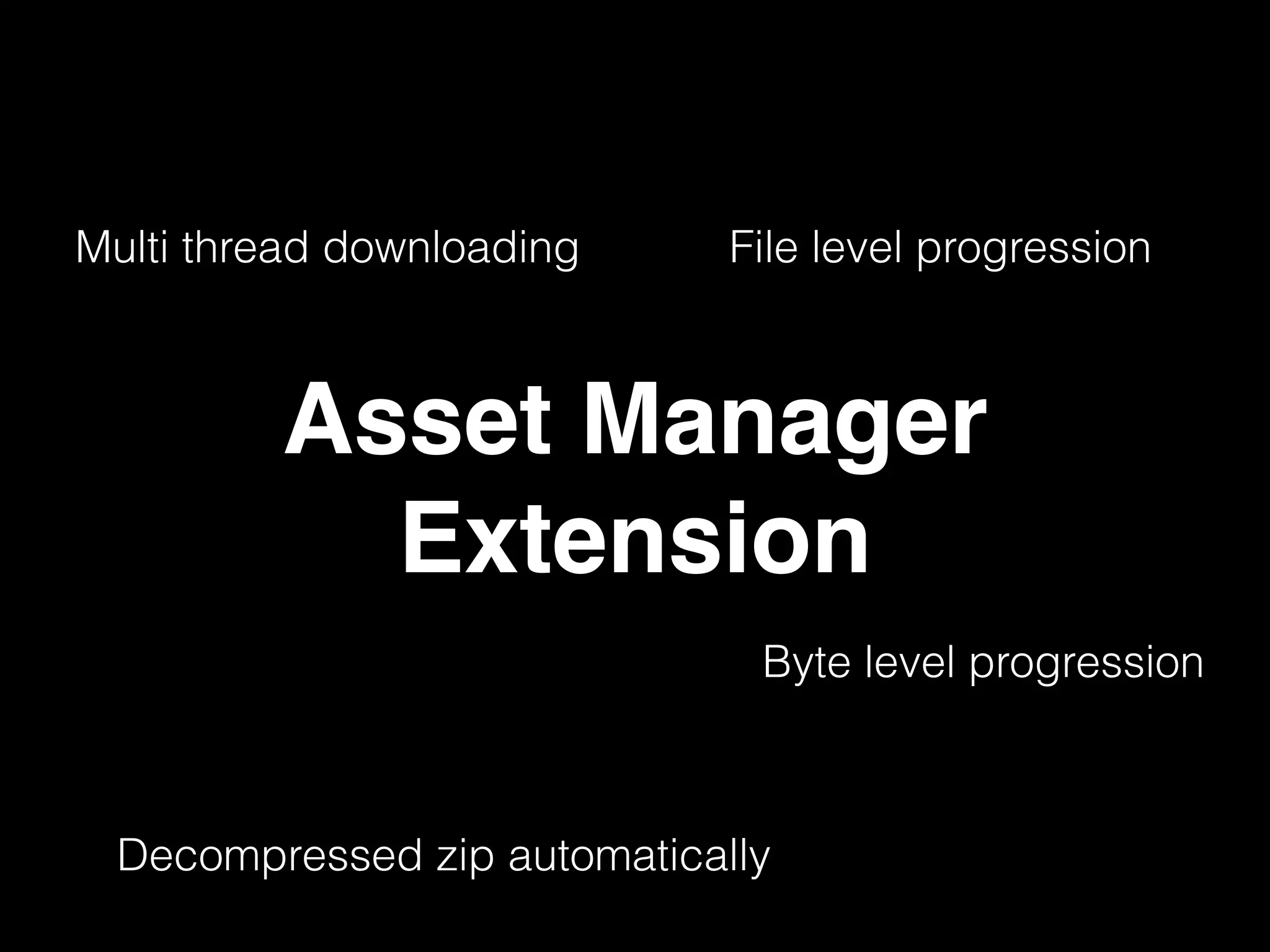 Multi thread downloading File level progression
Byte level progression
Decompressed zip automatically
Asset Manager
Extension
 