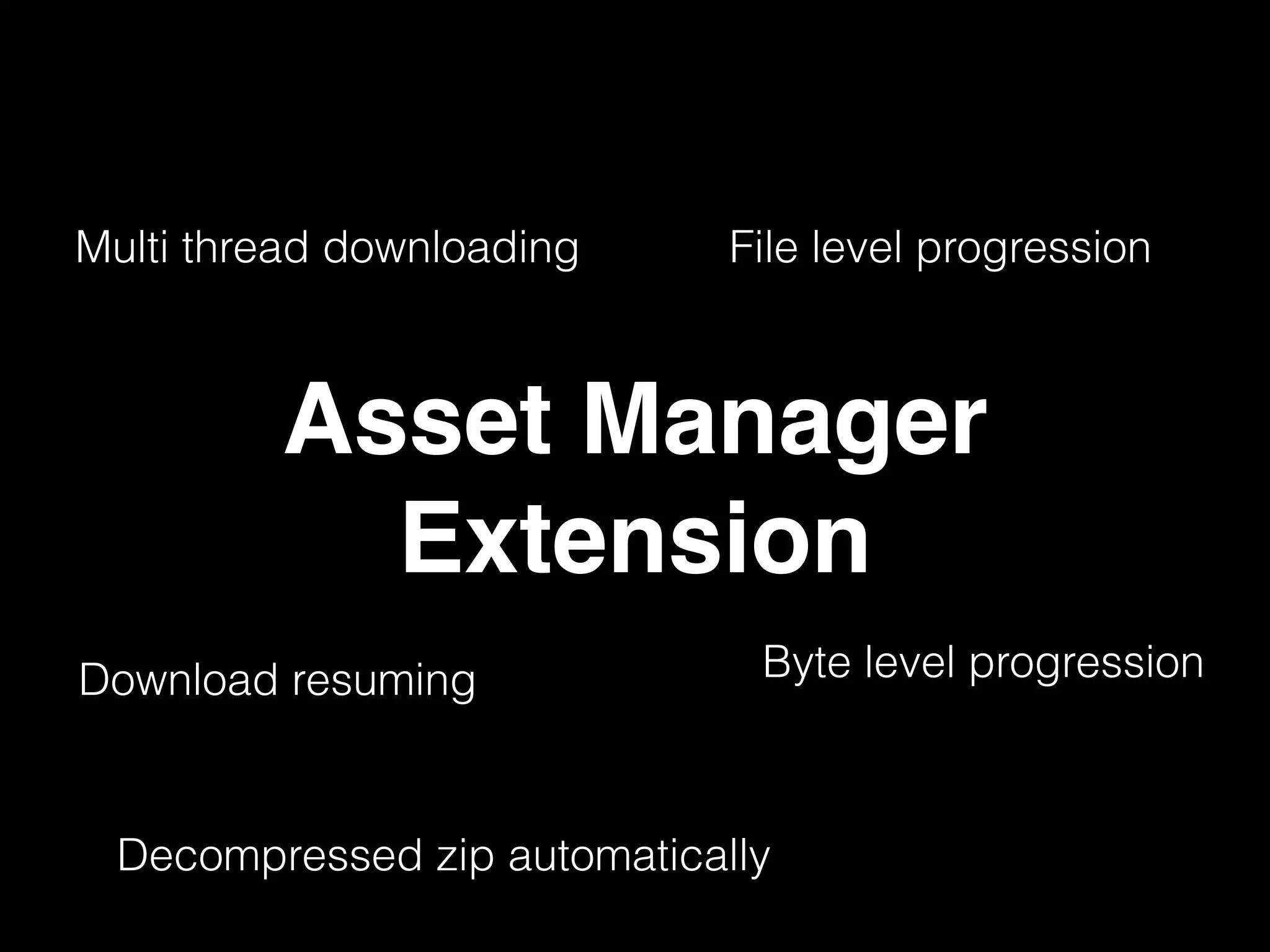 Multi thread downloading File level progression
Byte level progression
Decompressed zip automatically
Download resuming
Asset Manager
Extension
 