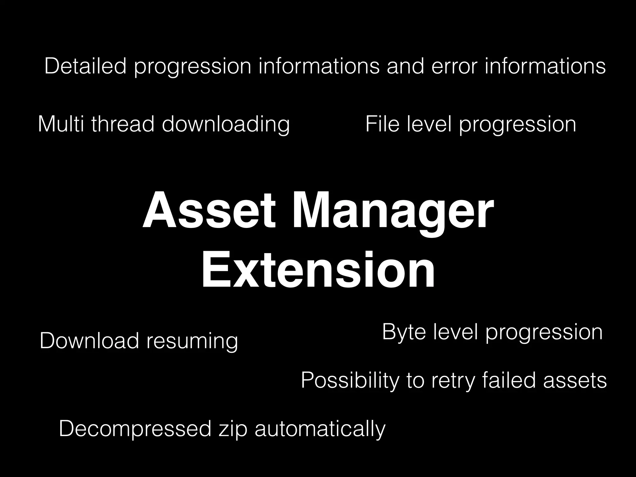 Multi thread downloading File level progression
Byte level progression
Decompressed zip automatically
Download resuming
Detailed progression informations and error informations
Possibility to retry failed assets
Asset Manager
Extension
 