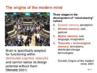 The University of Sydney Page 10
The origins of the modern mind
Three stages in the
development of “mind-sharing”
culture
0. Episodic memory: perception
1. Mimetic memory: skill,
gesture
2. Mythic memory: oral
language, imagination
3. Theoretic + technological
memory: formalisms,
distributed storage
technologies
Donald, Origins of the modern
mind, 2001
Brain is specifically adapted
for functioning within
distributed cognitive networks
and cannot realize its design
potential without them
(Donald, 2001)
 
