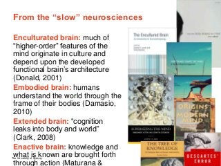 The University of Sydney Page 3
From the “slow” neurosciences
Enculturated brain: much of
“higher-order” features of the
mind originate in culture and
depend upon the developed
functional brain’s architecture
(Donald, 2001)
Embodied brain: humans
understand the world through the
frame of their bodies (Damasio,
2010)
Extended brain: “cognition
leaks into body and world”
(Clark, 2008)
Enactive brain: knowledge and
what is known are brought forth
through action (Maturana &
 