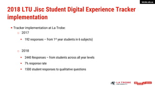 latrobe.edu.au
2018 LTU Jisc Student Digital Experience Tracker
implementation
 Tracker implementation at La Trobe:
o 2017
 192 responses – from 1st year students in 6 subjects)
o 2018
 2440 Responses – from students across all year levels
 7% response rate
 1500 student responses to qualitative questions
 