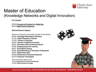 Master of Education 
(Knowledge Networks and Digital Innovation) 
Core Subjects: 
INF530 Concepts and Practices for a Digital Age 
INF537 Digital Futures Colloquium 
Restricted Elective Subjects: 
Students are required to successfully complete six (6) electives: 
INF532 Knowledge Networking for Educators 
ETL523 Digital Citizenship in Schools 
ETL402 Literature in Education 
INF533 Literature in Digital Environments 
INF535 Information Flow and Advanced Search 
INF536 Designing Spaces for Learning 
INF541 Game Based Learning 
INF506 Social Networking for Information Professionals 
INF443 Digital Preservation 
EER500 Introduction to Educational Research 
ESC515 Classroom Technologies 
Other Limited Entry subjects include: 
ETL401 Introduction to Teacher Librarianship 
ETL504 Teacher Librarian as Leader 
School of Informaton Studies: LEADING INFORMATION EDUCATION AND RESEARCH – EMPOWERING SOCIETY 
 