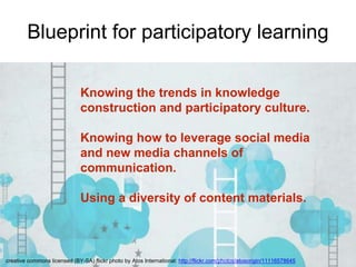 Blueprint for participatory learning 
Knowing the trends in knowledge 
construction and participatory culture. 
Knowing how to leverage social media 
and new media channels of 
communication. 
Using a diversity of content materials. 
creative commons licensed (BY-SA) flickr photo by Atos International: http://flickr.com/photos/atosorigin/11116578645 
 
