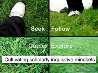 Seek Follow 
cc licensed flickr photo by assbach: http://flickr.com/photos/assbach/253218488/ 
Gather 
Explore 
Cultivating scholarly inquisitive mindsets 
 