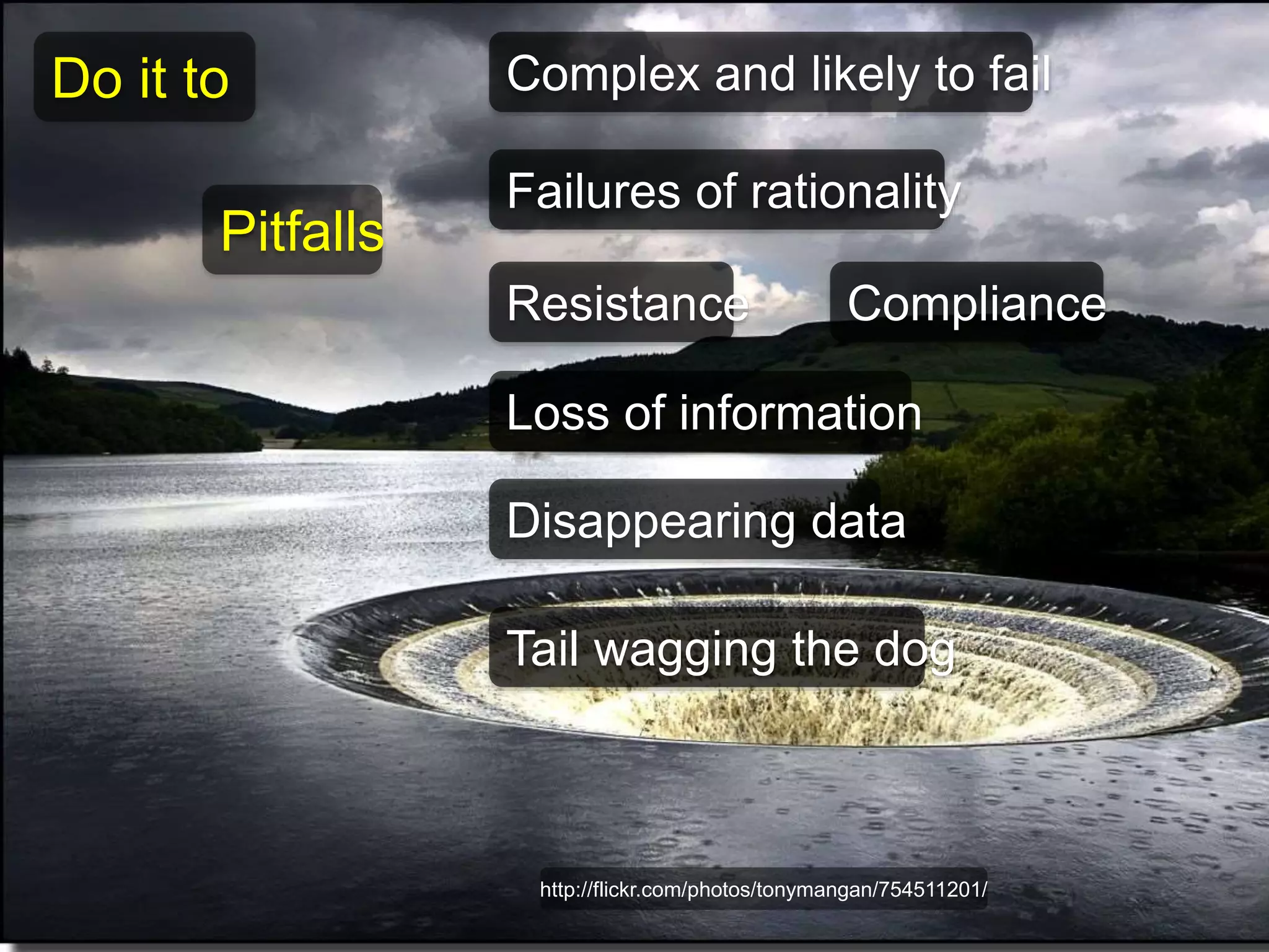 Failures of rationality 
Loss of information 
http://flickr.com/photos/tonymangan/754511201/ 
Pitfalls 
Complex and likely to fail 
Resistance Compliance 
Disappearing data 
Tail wagging the dog 
Do it to 
 