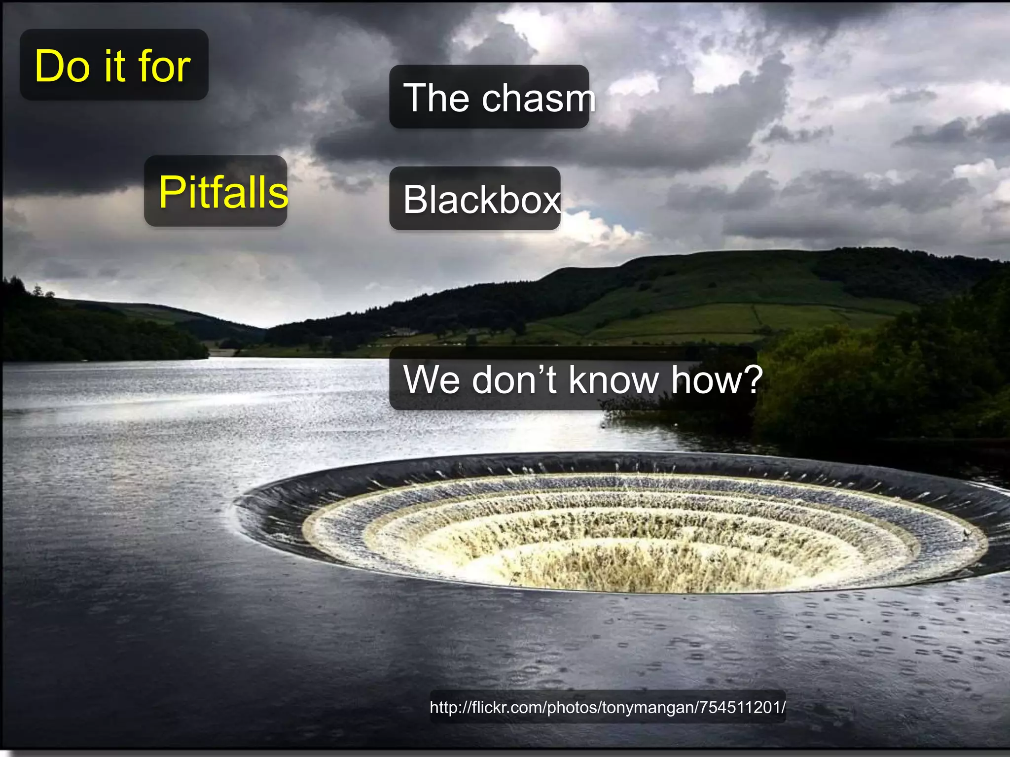 http://flickr.com/photos/tonymangan/754511201/ 
Pitfalls 
The chasm 
Blackbox 
We don’t know how? 
Do it for 
 