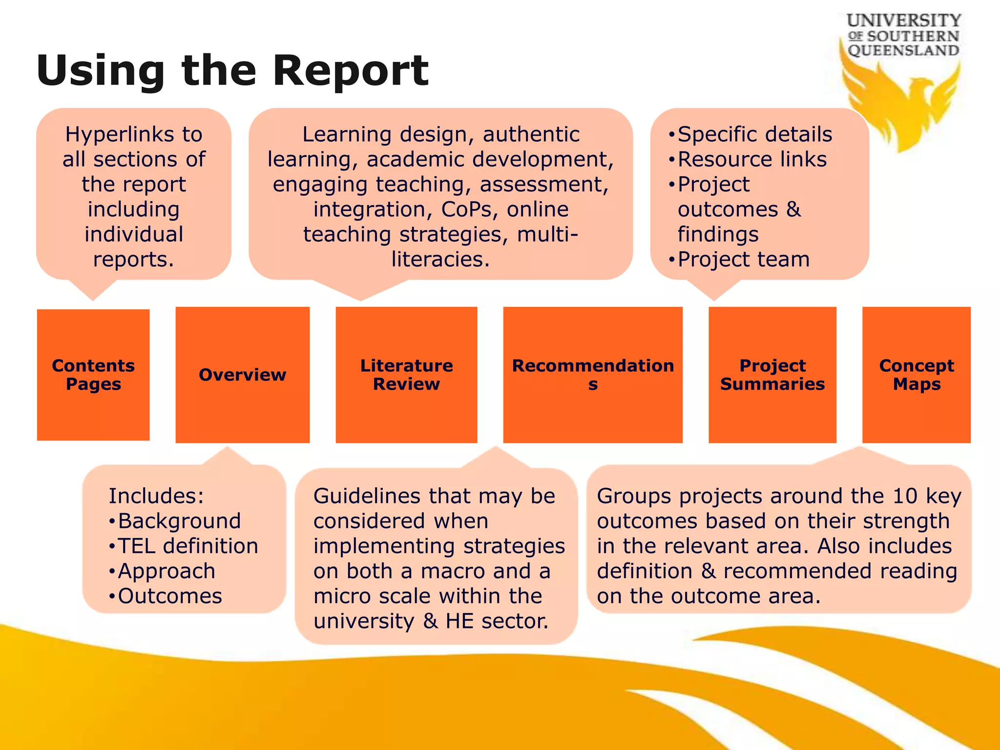 Using the Report
 Hyperlinks to             Learning design, authentic      •Specific details
 all sections of       learning, academic development,     •Resource links
   the report           engaging teaching, assessment,     •Project
     including              integration, CoPs, online       outcomes &
    individual             teaching strategies, multi-      findings
      reports.                      literacies.            •Project team




Contents                       Literature    Recommendation       Project       Concept
               Overview
 Pages                          Review             s            Summaries        Maps




     Includes:             Guidelines that may be    Groups projects around the 10 key
     •Background           considered when           outcomes based on their strength
     •TEL definition       implementing strategies   in the relevant area. Also includes
     •Approach             on both a macro and a     definition & recommended reading
     •Outcomes             micro scale within the    on the outcome area.
                           university & HE sector.
 