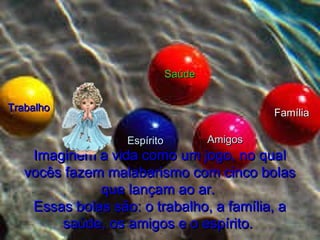 Saúde
Trabalho

Família
Espírito

Amigos

Imaginem a vida como um jogo, no qual
vocês fazem malabarismo com cinco bolas
que lançam ao ar.
Essas bolas são: o trabalho, a família, a
saúde, os amigos e o espírito.

 