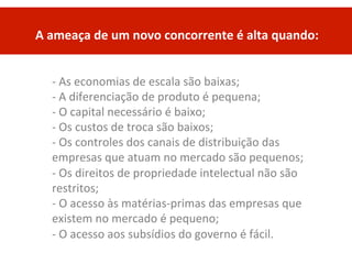 -­‐	
  As	
  economias	
  de	
  escala	
  são	
  baixas;	
  
-­‐	
  A	
  diferenciação	
  de	
  produto	
  é	
  pequena;	
  
-­‐	
  O	
  capital	
  necessário	
  é	
  baixo;	
  
-­‐	
  Os	
  custos	
  de	
  troca	
  são	
  baixos;	
  
-­‐	
  Os	
  controles	
  dos	
  canais	
  de	
  distribuição	
  das	
  
empresas	
  que	
  atuam	
  no	
  mercado	
  são	
  pequenos;	
  
-­‐	
  Os	
  direitos	
  de	
  propriedade	
  intelectual	
  não	
  são	
  
restritos;	
  
-­‐	
  O	
  acesso	
  às	
  matérias-­‐primas	
  das	
  empresas	
  que	
  
existem	
  no	
  mercado	
  é	
  pequeno;	
  
-­‐	
  O	
  acesso	
  aos	
  subsídios	
  do	
  governo	
  é	
  fácil.	
  
A	
  ameaça	
  de	
  um	
  novo	
  concorrente	
  é	
  alta	
  quando:	
  
	
  
	
  
 