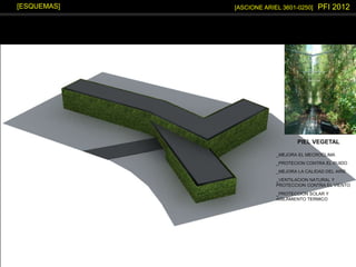 [ASCIONE ARIEL 3601-0250] PFI 2012[ESQUEMAS]
PIEL VEGETAL
_MEJORA EL MECROCLIMA
_PROTECION CONTRA EL RUIDO
_MEJORA LA CALIDAD DEL AIRE
_VENTILACION NATURAL Y
PROTECCION CONTRA EL VIENTO
_PROTECCION SOLAR Y
AISLAMIENTO TERMICO
 