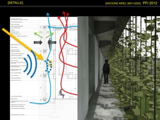 [ASCIONE ARIEL 3601-0250] PFI 2012[DETALLE]
CO2 CO2
02 02
VENTILACION INTERIOR
FACHADA VENTILADA
CUBIERTA VENTILADA
PROTECCION SOLAR
PROTECCION SONORA
PURIFICACION DEL AIRE
[COEFICIENTE TRANSMITANCIA TERMICA]
NORMA IRAM 11605 – ZONA BIOAMBIENTAL III
VERANO: MUROS 1.25 /CUBIERTA 0.48
INVIERNO: MUROS 1.00 / CUBIERTA 0.83
 