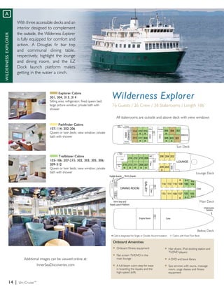 A
                      With three accessible decks and an
                      interior designed to complement
                       he outside, the Wilderness Explorer
                      t
wilderness explorer




                      is fully equipped for comfort and
                      action. A Douglas fir bar top
                      and communal dining table,
                      respectively, highlight the lounge
                      and dining room, and the EZ
                      Dock launch platform makes
                      getting in the water a cinch.



                                                   Explorer Cabins
                                           301, 304, 313, 314
                                           Sitting area; refrigerator; fixed queen bed;
                                                                                          Wilderness Explorer
                                           large picture window; private bath with        76 Guests / 26 Crew / 38 Staterooms / Length 186’
                                           shower

                                                                                               All staterooms are outside and above deck with view windows
                                                 Pathfinder Cabins
                                           107-114; 202-206
                                           Queen or twin beds; view window; private
                                           bath with shower


                                                                                                                                                        Sun Deck

                                                 Trailblazer Cabins
                                           103-106; 207-215; 302, 303, 305, 306;
                                           309-312
                                           Queen or twin beds; view window; private
                                           bath with shower                                                                                                                Lounge Deck




                                                                                                                                                                              Main Deck




                                                                                                                                                                            Below Deck
                                                                                          * Cabins designated for Single or Double  Accommodation ° Cabins with Fixed Twin Beds
                                                                                           Onboard Amenities
                                                                                           u Onboard fitness equipment                       u	 Hair dryers, iPod docking station and 	
                                                                                                                                             	 TV/DVD players
                                                                                           u	 Flat screen TV/DVD in the 		
                          Additional images can be viewed online at:                         	 main lounge                                   u	 A DVD and book library

                                    InnerSeaDiscoveries.com                                u	 A full-beam swim-step for ease                 u	 Spa services with sauna, massage 	
                                                                                           	 in boarding the kayaks and the 	                	 room, yoga classes and fitness 	
                                                                                           	 high-speed skiffs                               	 equipment


               14 |    Un-Cruise™
 