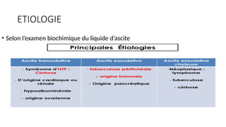 ETIOLOGIE
• Selon l’examen biochimique du liquide d’ascite
 