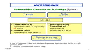 Claude EUGÈNE
ASCITE RÉFRACTAIRE
Traitement initial d'une ascite chez le cirrhotique (Synthèse) 1)


1) Aithal GP, Palaniyappan N, China L et al. Guidelines on the management of ascites in cirrhosis. Gut 2020;doi:10.1136/
gutjnl-2020-321790.
 
2) Ces posologies élevées sont rarement atteintes en pratique.


49
1ère poussée


Ascite modérée
Récidive


Modérée à sévère
Sel: 5 à 6,5 g/j
1) Spironolactone 100 mg
 
Augmenter si besoin tous 3-4j, jusqu'à 400mg/j
 
Puis, si besoin


2) Furosemide 40 mg/j
 
Augmenter si besoin, jusqu'à 160 mg/j 2)
 
1) Spironolactone 100 mg +
 
Furosemide 40 mg/j
 
 
Augmenter si besoin
 
jusqu'à 1400 mg et 160 mg/j 2)
 
Réponse sur perte de poids


Avec oedèmes : 1 kg/j / sans oedèmes : 0,5 kg/j
 