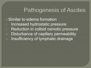 Similar to edema formation
I. Increased hydrostatic pressure
II. Reduction in colloid osmotic pressure
III. Disturbance of capillary permeability
IV. Insufficiency of lymphatic drainage
 