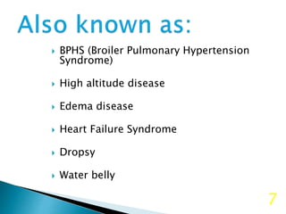  BPHS (Broiler Pulmonary Hypertension
Syndrome)
 High altitude disease
 Edema disease
 Heart Failure Syndrome
 Dropsy
 Water belly
7
 