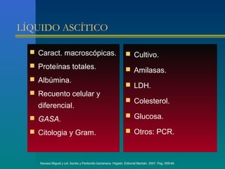 LÍQUIDO ASCÍTICO

   Caract. macroscópicas.                                          Cultivo.
   Proteínas totales.
                                                                    Amilasas.
   Albúmina.
                                                                    LDH.
   Recuento celular y
                                                                    Colesterol.
    diferencial.
   GASA.                                                           Glucosa.

   Citologia y Gram.                                               Otros: PCR.



     Navasa Miguel y col. Ascitis y Peritonitis bacteriana. Hígado. Editorial Marbán. 2007. Pag. 559-94.
 
