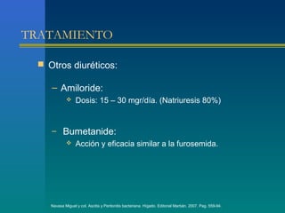 TRATAMIENTO

  Otros diuréticos:

    – Amiloride:
                 Dosis: 15 – 30 mgr/día. (Natriuresis 80%)


    – Bumetanide:
        Acción y eficacia similar a la furosemida.




    Navasa Miguel y col. Ascitis y Peritonitis bacteriana. Hígado. Editorial Marbán. 2007. Pag. 559-94.
 