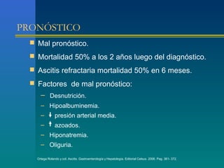 PRONÓSTICO
   Mal pronóstico.

   Mortalidad 50% a los 2 años luego del diagnóstico.

   Ascitis refractaria mortalidad 50% en 6 meses.

   Factores de mal pronóstico:
      – Desnutrición.
      – Hipoalbuminemia.
      –         presión arterial media.
      –         azoados.
      – Hiponatremia.
      – Oliguria.

    Ortega Rolando y col. Ascitis. Gastroenterología y Hepatología. Editorial Celsus. 2006. Pag. 361- 372.
 