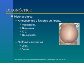 DIAGNÓSTICO
   Historia clínica:
      – Antecedentes y factores de riesgo.
               Hepatopatía.
                   Neoplasias.
                   ICC.
                   Sx. nefrótico.


      – Síntomas asociados.
               Dolor.
               Edema.




    Ortega Rolando y col. Ascitis. Gastroenterología y Hepatología. Editorial Celsus. 2006. Pag. 361- 372.
 