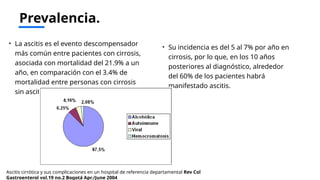 Prevalencia.
• La ascitis es el evento descompensador
más común entre pacientes con cirrosis,
asociada con mortalidad del 21.9% a un
año, en comparación con el 3.4% de
mortalidad entre personas con cirrosis
sin ascitis)
• Su incidencia es del 5 al 7% por año en
cirrosis, por lo que, en los 10 años
posteriores al diagnóstico, alrededor
del 60% de los pacientes habrá
manifestado ascitis.
Ascitis cirrótica y sus complicaciones en un hospital de referencia departamental Rev Col
Gastroenterol vol.19 no.2 Bogotá Apr./June 2004
 