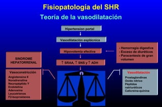 Hipertension portal
Vasodilatación esplácnica
Hipovolemia efectiva
↑ SRAA, ↑ SNS y ↑ ADH
Vasoconstricción renal
↑ Actividad de sustancias
vasodilatadoras renales
Vasoconstricción
Angiotensina II
Noradrenalina
Neuropéptido Y
Endotelina
Adenosina
Leucotrienos
F2-Isoprostanos
Vasodilatación
Prostaglandinas
Oxido nítrico
Péptidos
natriuréticos
Calicreína-quinina
- Hemorragia digestiva
- Exceso de diuréticos
- Paracentesis de gran
volumen
Fisiopatología del SHR
Teoría de la vasodilatación
SINDROME
HEPATORRENAL
 