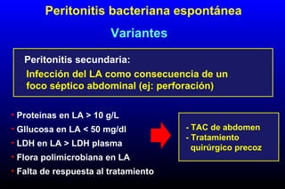 Peritonitis secundaria:
Infección del LA como consecuencia de un
foco séptico abdominal (ej: perforación)
• Proteinas en LA > 10 g/L
• Gllucosa en LA < 50 mg/dl
• LDH en LA > LDH plasma
• Flora polimicrobiana en LA
• Falta de respuesta al tratamiento
Peritonitis bacteriana espontánea
Variantes
- TAC de abdomen
- Tratamiento
quirúrgico precoz
 