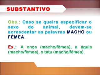 Obs.: Caso se queira especificar o
sexo do animal, devem-se
acrescentar as palavras MACHO ou
FÊMEA.
Ex.: A onça (macho/fêmea), a águia
(macho/fêmea), o tatu (macho/fêmea).
SUBSTANTIVO
 
