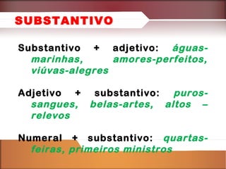 SUBSTANTIVO
Substantivo + adjetivo: águasmarinhas,
amores-perfeitos,
viúvas-alegres
Adjetivo + substantivo:
purossangues, belas-artes, altos –
relevos
Numeral + substantivo: quartasfeiras, primeiros ministros

 