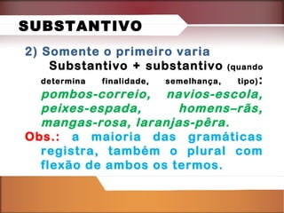 SUBSTANTIVO
2) Somente o primeiro varia
Substantivo + substantivo
determina

finalidade,

semelhança,

(quando
tipo) :

pombos-correio, navios-escola,
peixes-espada,
homens–rãs,
mangas-rosa, laranjas-pêra.
Obs.: a maioria das gramáticas
registra, também o plural com
flexão de ambos os termos.

 