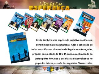 Caartao
líder
Existe também uma espécie de supletivo das Classes,
denominado Classes Agrupadas. Após a conclusão de
todas essas Classes, chamadas de Regulares e Avançadas,
próprias para a idade de 10 a 15 anos, a continuidade do
participante no Clube o desafiará a desenvolver-se no
grupo dos líderes, através das seguintes Classes: Líder,
Líder Máster e Líder Máster Avançado.
 