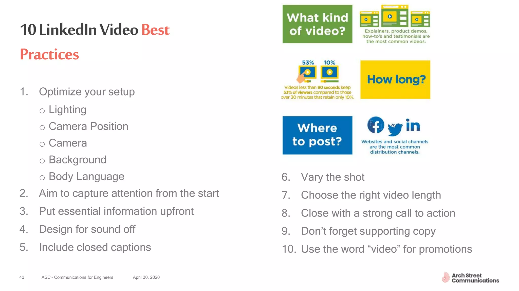 ASC – Communications for Engineers April 30, 202043
10LinkedInVideoBest
Practices
1. Optimize your setup
o Lighting
o Camera Position
o Camera
o Background
o Body Language
2. Aim to capture attention from the start
3. Put essential information upfront
4. Design for sound off
5. Include closed captions
6. Vary the shot
7. Choose the right video length
8. Close with a strong call to action
9. Don’t forget supporting copy
10. Use the word “video” for promotions
 