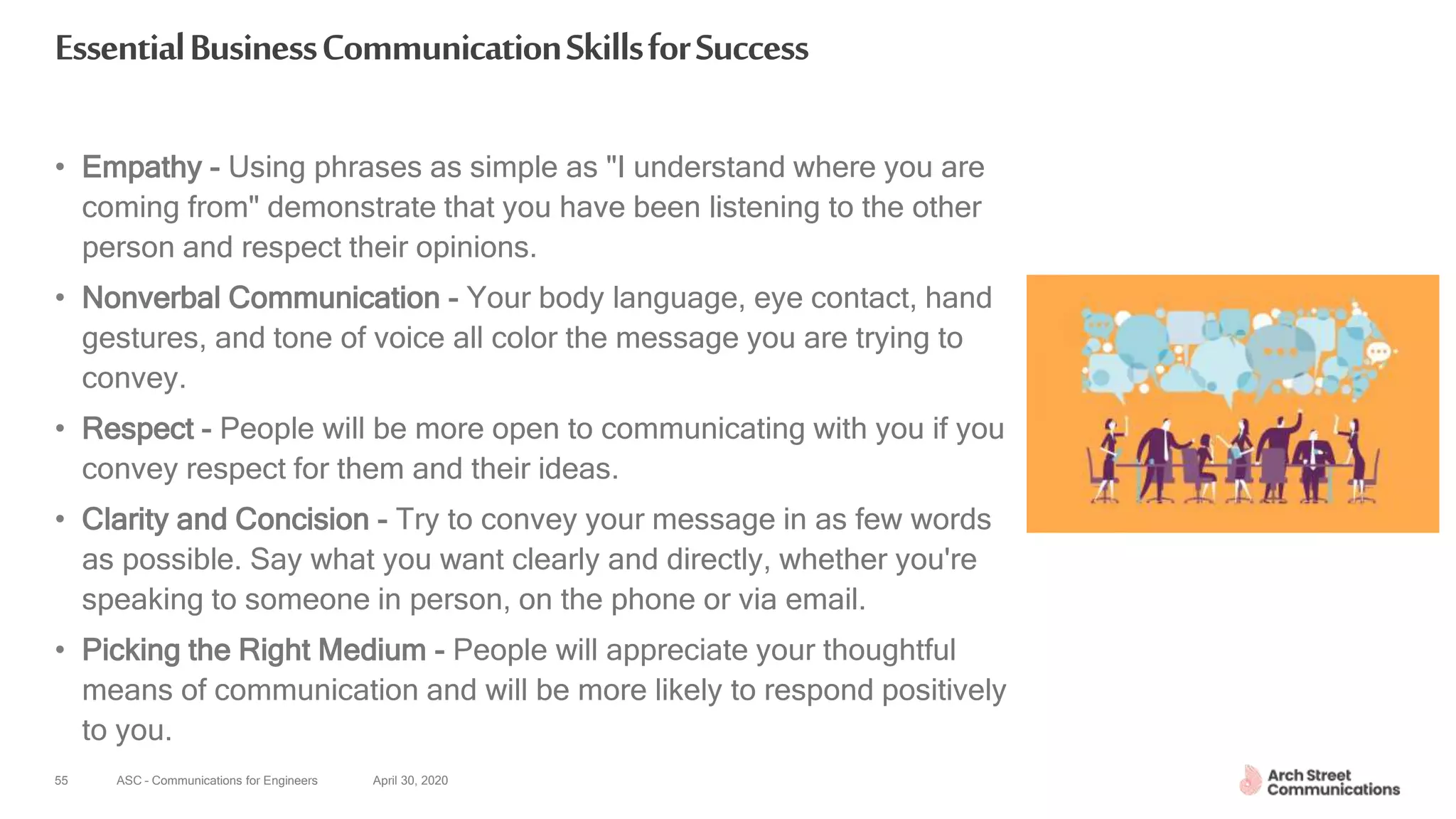 ASC – Communications for Engineers April 30, 2020
EssentialBusinessCommunicationSkillsforSuccess
• Empathy - Using phrases as simple as "I understand where you are
coming from" demonstrate that you have been listening to the other
person and respect their opinions.
• Nonverbal Communication - Your body language, eye contact, hand
gestures, and tone of voice all color the message you are trying to
convey.
• Respect - People will be more open to communicating with you if you
convey respect for them and their ideas.
• Clarity and Concision - Try to convey your message in as few words
as possible. Say what you want clearly and directly, whether you're
speaking to someone in person, on the phone or via email.
• Picking the Right Medium - People will appreciate your thoughtful
means of communication and will be more likely to respond positively
to you.
55
 