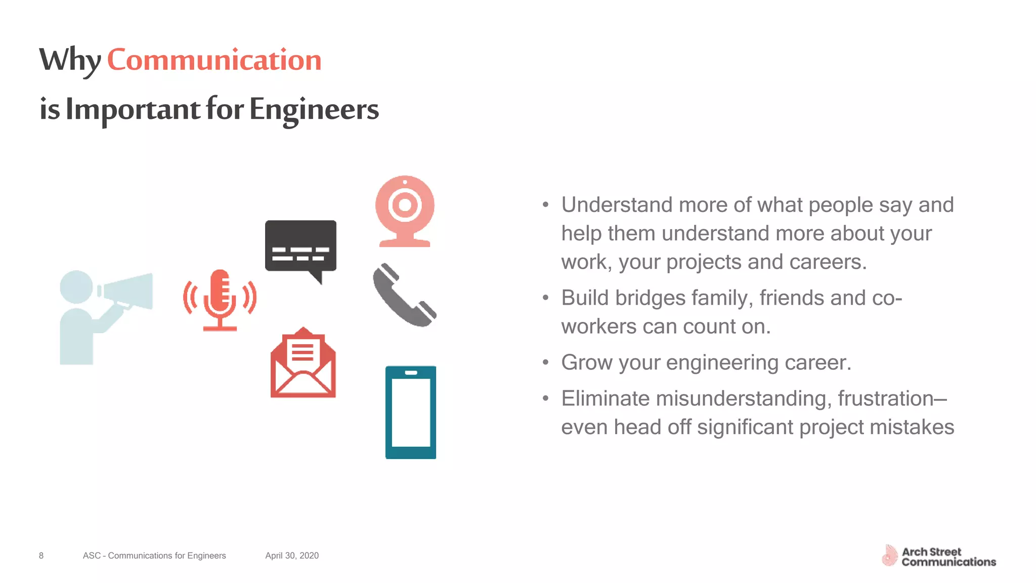 ASC – Communications for Engineers April 30, 2020
WhyCommunication
isImportantforEngineers
• Understand more of what people say and
help them understand more about your
work, your projects and careers.
• Build bridges family, friends and co-
workers can count on.
• Grow your engineering career.
• Eliminate misunderstanding, frustration—
even head off significant project mistakes
8
 