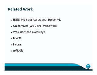 IEEE 1451 standards and SensorML
Californium (Cf) CoAP framework
Web Services Gateways
InterX
Related Work
InterX
Hydra
uMiddle
 