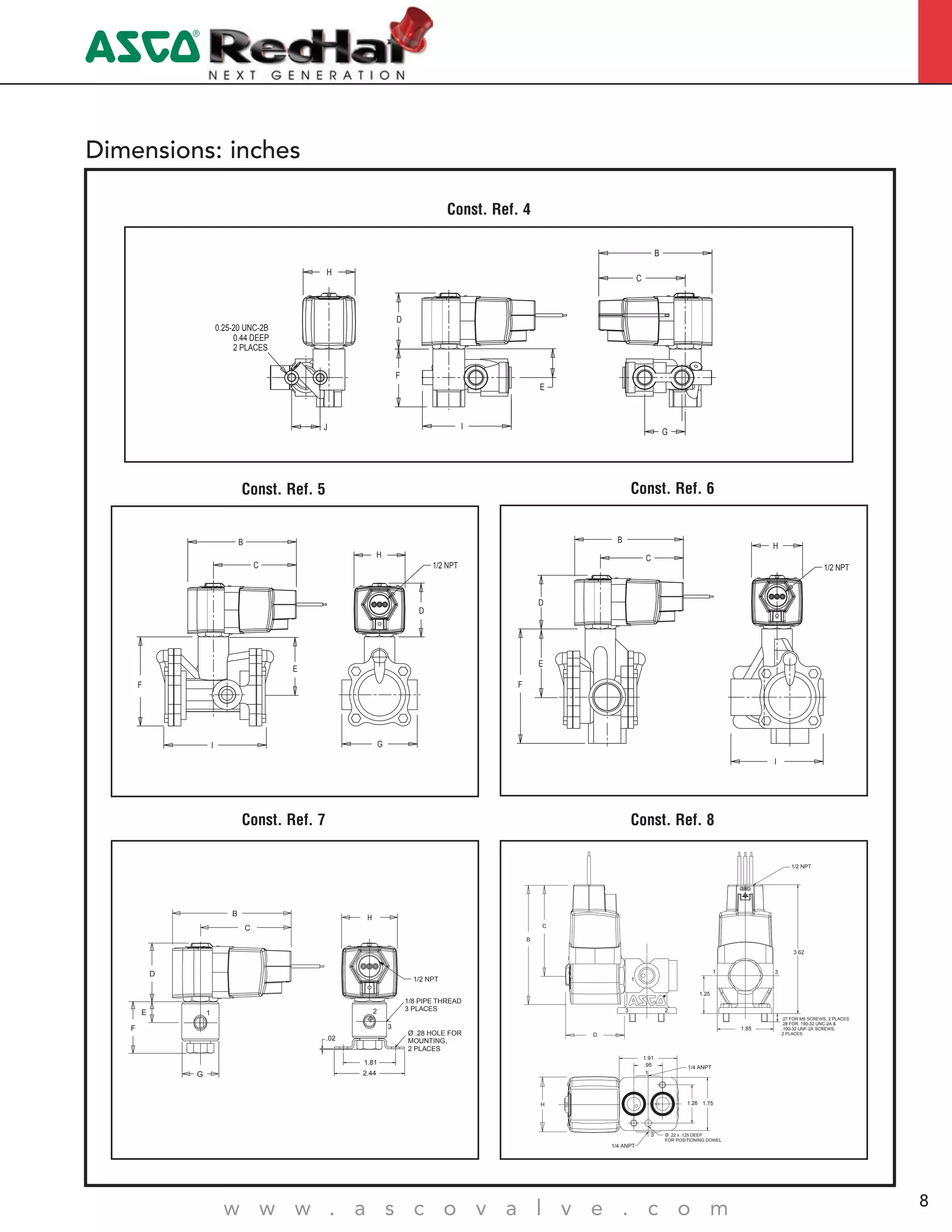 4
w w w . a s c o v a l v e . c o m 8
Dimensions: inches
Const. Ref. 4
G
I
F
J
D
B
C
0.25-20 UNC-2B
0.44 DEEP
2 PLACES
H
E
Const. Ref. 5
F
G
D
H
E
B
C 1/2 NPT
I
Const. Ref. 6
F
I
D
B
C
H
1/2 NPT
E
Const. Ref. 7
G
E
D
H
C
B
1/2 NPT
F
1
2.44
.02
1.81
3
2
1/8 PIPE THREAD
3 PLACES
Ø .28 HOLE FOR
MOUNTING,
2 PLACES
Const. Ref. 8
3
1
2
1 3
.95 1/4 ANPT
1.91
1.26 1.75
1/4 ANPT
Ø .22 x .125 DEEP
FOR POSITIONING DOWEL
.27 FOR M5 SCREWS, 2 PLACES
.28 FOR .190-32 UNC-2A &
.190-32 UNF-2A SCREWS,
2 PLACES
3.62
1.25
1.85
1/2 NPT
1
3
D
B
C
H
 