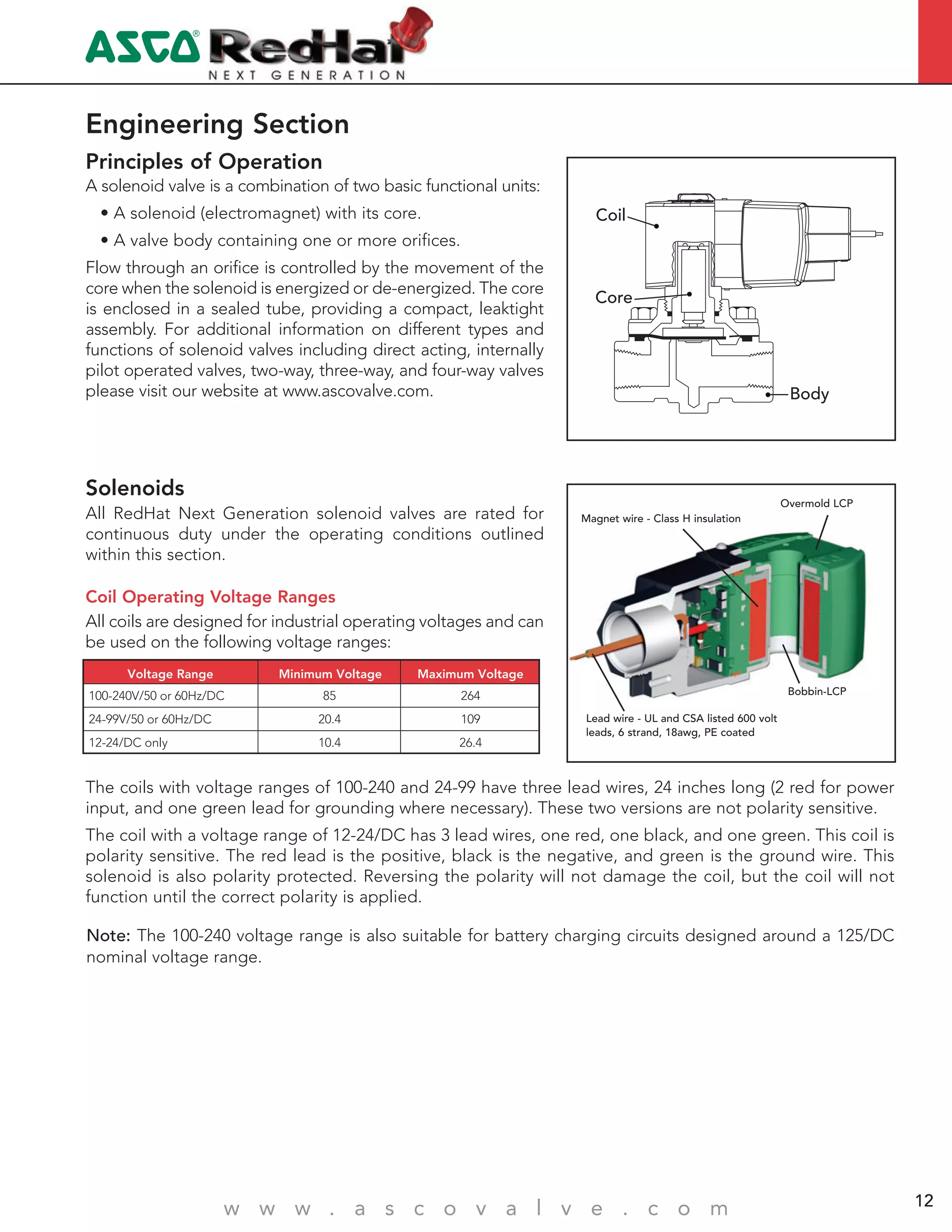 4
w w w . a s c o v a l v e . c o m 12
Engineering Section
Principles of Operation
A solenoid valve is a combination of two basic functional units:
• A solenoid (electromagnet) with its core.
• A valve body containing one or more orifices.
Flow through an orifice is controlled by the movement of the
core when the solenoid is energized or de-energized. The core
is enclosed in a sealed tube, providing a compact, leaktight
assembly. For additional information on different types and
functions of solenoid valves including direct acting, internally
pilot operated valves, two-way, three-way, and four-way valves
please visit our website at www.ascovalve.com.
Note: The 100-240 voltage range is also suitable for battery charging circuits designed around a 125/DC
nominal voltage range.
Voltage Range Minimum Voltage Maximum Voltage
100-240V/50 or 60Hz/DC 85 264
24-99V/50 or 60Hz/DC 20.4 109
12-24/DC only 10.4 26.4
Solenoids
All RedHat Next Generation solenoid valves are rated for
continuous duty under the operating conditions outlined
within this section.
Coil Operating Voltage Ranges
All coils are designed for industrial operating voltages and can
be used on the following voltage ranges:
Core
Coil
Body
The coils with voltage ranges of 100-240 and 24-99 have three lead wires, 24 inches long (2 red for power
input, and one green lead for grounding where necessary). These two versions are not polarity sensitive.
The coil with a voltage range of 12-24/DC has 3 lead wires, one red, one black, and one green. This coil is
polarity sensitive. The red lead is the positive, black is the negative, and green is the ground wire. This
solenoid is also polarity protected. Reversing the polarity will not damage the coil, but the coil will not
function until the correct polarity is applied.
Lead wire - UL and CSA listed 600 volt
leads, 6 strand, 18awg, PE coated
Overmold LCP
Bobbin-LCP
Magnet wire - Class H insulation
 