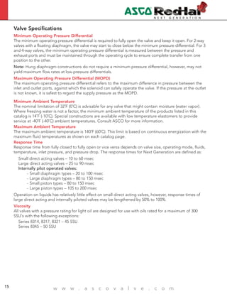 4
w w w . a s c o v a l v e . c o m15
Valve Specifications
Minimum Operating Pressure Differential
The minimum operating pressure differential is required to fully open the valve and keep it open. For 2-way
valves with a floating diaphragm, the valve may start to close below the minimum pressure differential. For 3
and 4-way valves, the minimum operating pressure differential is measured between the pressure and
exhaust ports and must be maintained through the operating cycle to ensure complete transfer from one
position to the other.
Note: Hung diaphragm constructions do not require a minimum pressure differential, however, may not
yield maximum flow rates at low-pressure differentials.
Maximum Operating Pressure Differential (MOPD)
The maximum operating pressure differential refers to the maximum difference in pressure between the
inlet and outlet ports, against which the solenoid can safely operate the valve. If the pressure at the outlet
is not known, it is safest to regard the supply pressure as the MOPD.
Minimum Ambient Temperature
The nominal limitation of 32˚F (0˚C) is advisable for any valve that might contain moisture (water vapor).
Where freezing water is not a factor, the minimum ambient temperature of the products listed in this
catalog is 14˚F (-10˚C). Special constructions are available with low temperature elastomers to provide
service at -40˚F (-40˚C) ambient temperatures. Consult ASCO for more information.
Maximum Ambient Temperature
The maximum ambient temperature is 140˚F (60˚C). This limit is based on continuous energization with the
maximum fluid temperatures as shown on each catalog page.
Response Time
Response time from fully closed to fully open or vice versa depends on valve size, operating mode, fluids,
temperature, inlet pressure, and pressure drop. The response times for Next Generation are defined as:
Small direct acting valves – 10 to 60 msec
Large direct acting valves – 25 to 90 msec
Internally pilot operated valves:
- Small diaphragm types – 20 to 100 msec
- Large diaphragm types – 80 to 150 msec
- Small piston types – 80 to 150 msec
- Large piston types – 105 to 200 msec
Operation on liquids has relatively little effect on small direct acting valves, however, response times of
large direct acting and internally piloted valves may be lengthened by 50% to 100%.
Viscosity
All valves with a pressure rating for light oil are designed for use with oils rated for a maximum of 300
SSU's with the following exceptions:
Series 8314, 8317, 8321 – 45 SSU
Series 8345 – 50 SSU
 