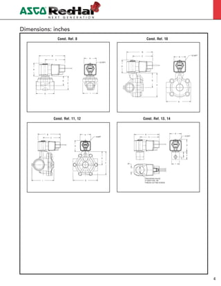 4
4
Dimensions: inches
Const. Ref. 8
H
C
B
1/2 NPT
G I
D
E
F
Const. Ref. 10
C
G
1/2 NPT
D
E
F
H
B
Const. Ref. 11, 12
H
C
B
G
E
F
I
1/2 NPT
D
Const. Ref. 13, 14
.67 I
F
D
H
C
B
1/2 NPT
2 MOUNTING HOLES
.31 DEEP FOR .164
THREAD CUTTING SCREW
E
 